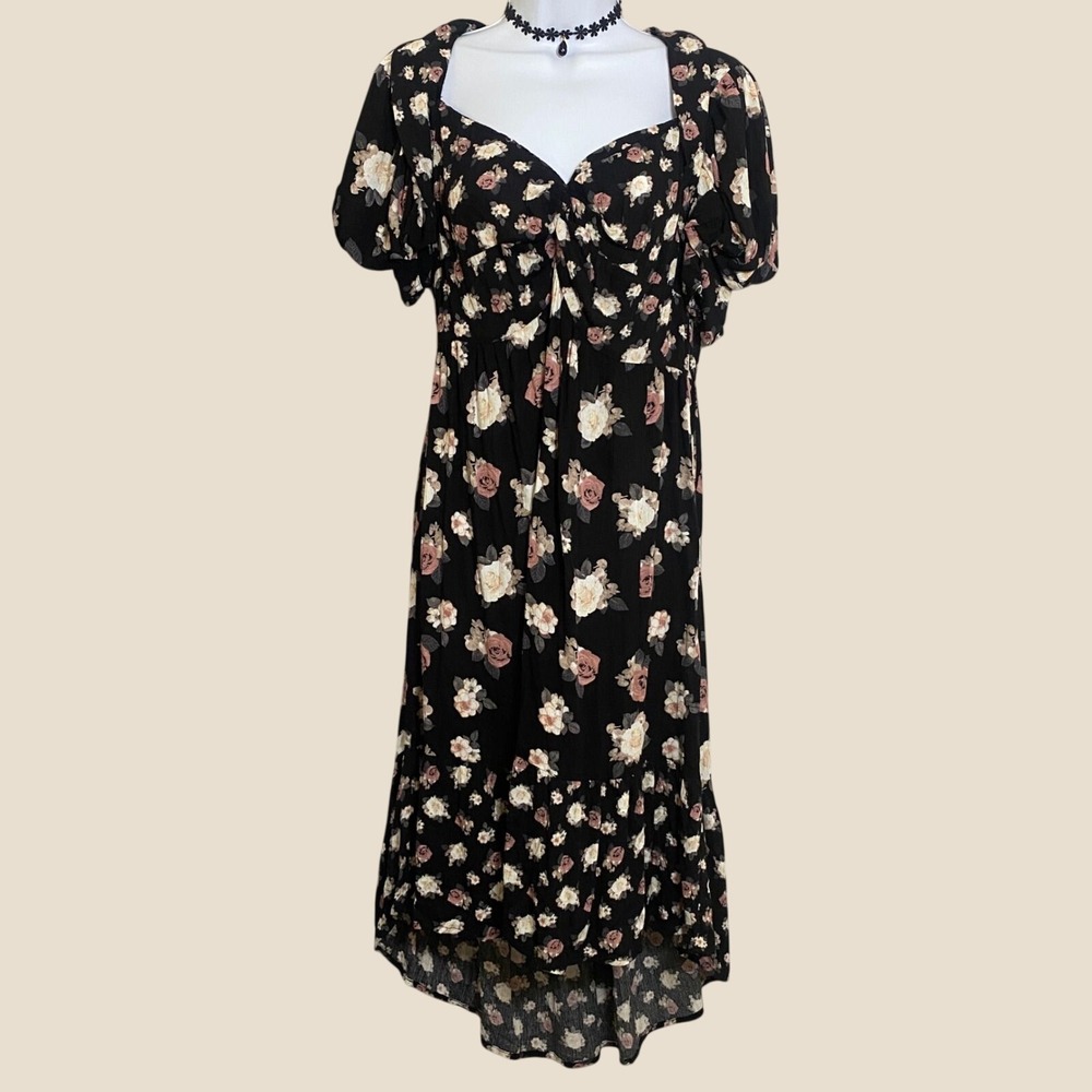 Black Midi Dress Large Dark Feminine Romantic Casual Summer Cottagecore Boho